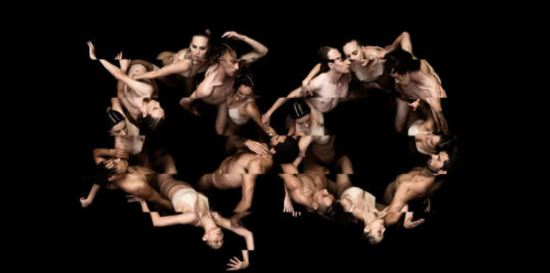 A glitchy image of many dancers in the shape of circles